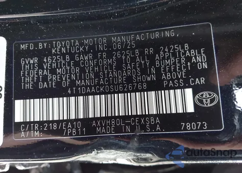 2025 Toyota Camry Se из США, поврежденный, VIN 4T1DAACK0SU626768